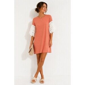 Hiso Hiso Peach T-Shirt Dress Lace Bell Sleeve Pearl Accent Shift Dress S